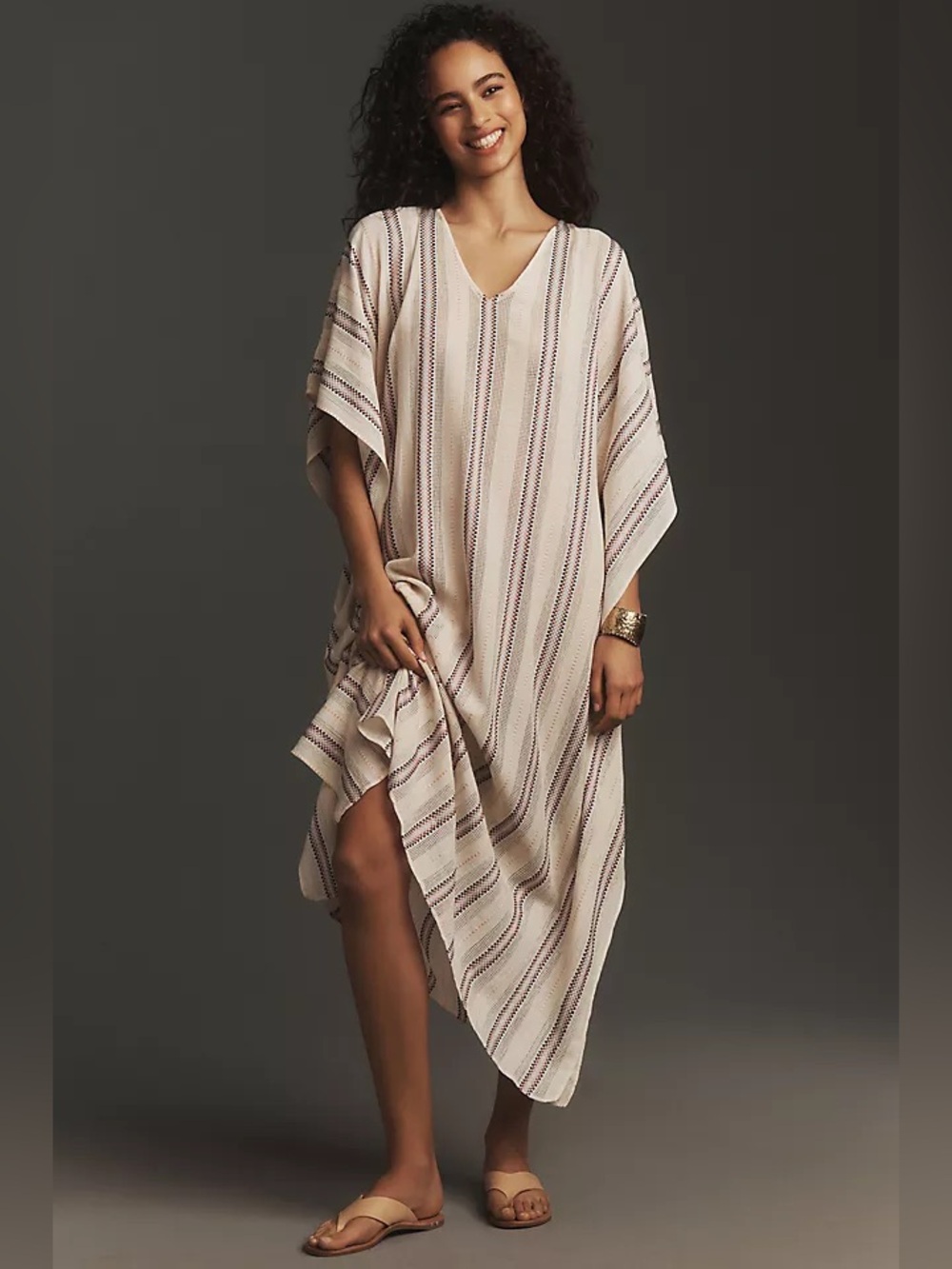 Mille Jones Kaftan Striped‎ V-Neck Oversized Beach Dress in Ivory OS Resortwear
